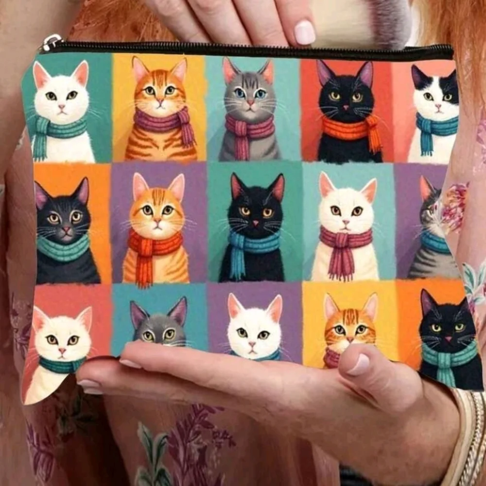 Colorful Cat Print Colorblock Canvas Travel Pouch Zipper Cat Lover Purse